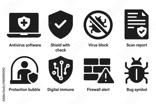 Cybersecurity icons representing antivirus software, virus block, firewall alert, and protection bubble
