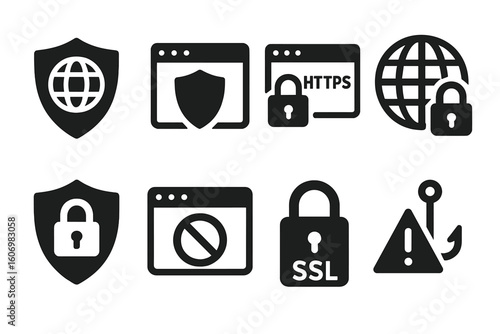 Internet security icons: shield, lock, https, ssl, phishing warning
