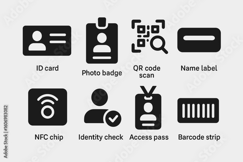 Id cards and digital access icons overview for security systems