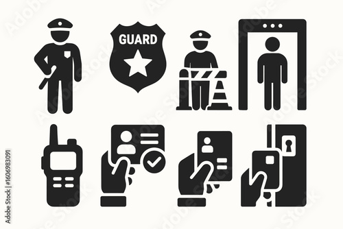Security icons set: uniformed guard, badge, metal detector, access control