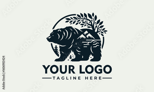 A bear silhouette logo containing a mountain landscape, trees, and a circular frame.