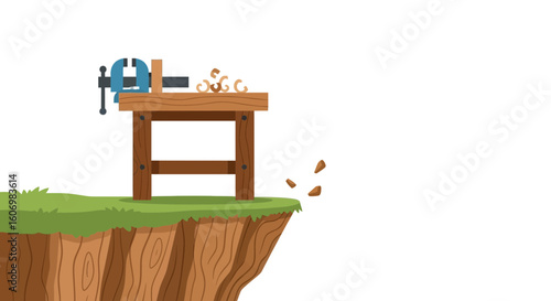 Cartoon Workbench on Cliff Edge with Falling Wood Pieces, Woodworking Concept Illustration