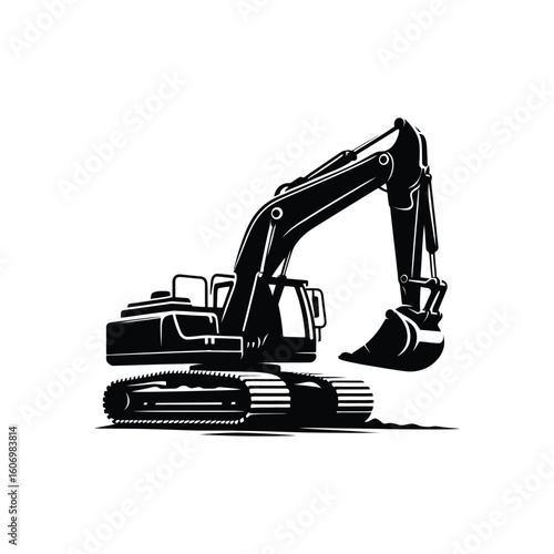 heavy excavator for construction and excavation work. A powerful hydraulic digger machine silhouette. Vector icon for building and development sites