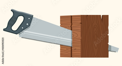 Cartoon Hand Saw Cutting Wooden Log with Flying Chips, Woodworking Task