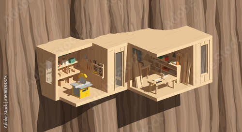 Isometric Pixel Art Woodworking Workshop Inside Tree Trunk, Craft Shop Interior