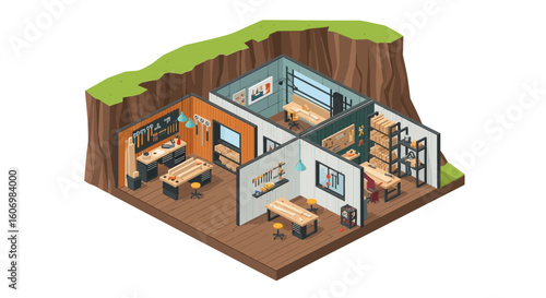 Isometric Pixel Art Multi-Room Workshop Cut into Landscape, Craft and Production Spaces