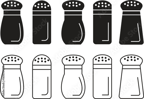 Salt shaker icons set, collection and group in flat, outline, solid, and minimalist vector styles. Spice, seasoning, kitchen, condiment, pepper, grinder, bottle symbols