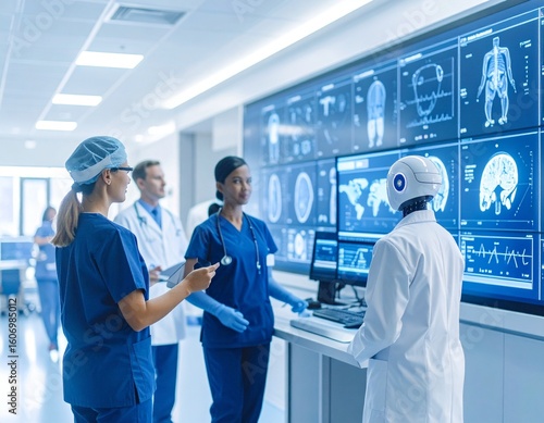 Medical Innovation: An advanced medical team in a futuristic hospital environment. They are surrounded by technological screens showcasing complex data analysis and collaborative medical practices.