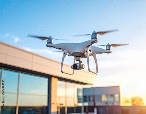 Flying Drone over Property: A sleek drone, its propellers in motion, ascends gracefully against a backdrop of a modern architectural facade and an expansive azure sky.