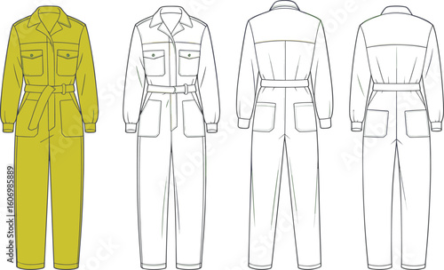 Utility jumpsuit fashion technical drawing, long sleeve belted one-piece, front and back view, CAD flat vector sketch illustration