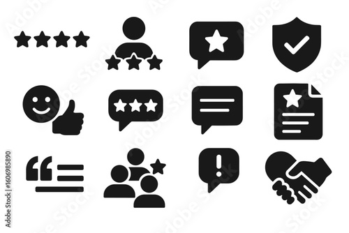 Set of 12 Review and Communication Icons Featuring Stars, Speech Bubbles, and Feedback Symbols
