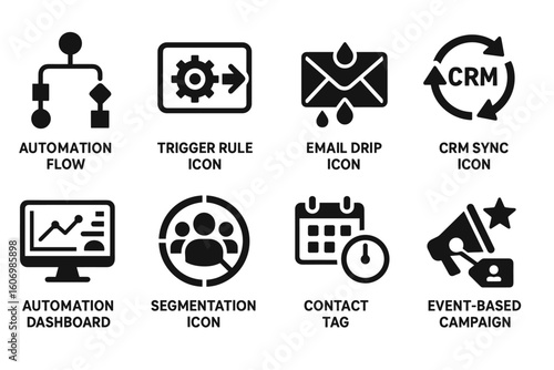 CRM and Digital Marketing Icons Set: Automation Flow, Trigger Rule, Segmentation, Email Drip