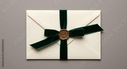 Elegant cream envelope sealed with luxurious green velvet ribbon and wax seal, perfect for invitations.