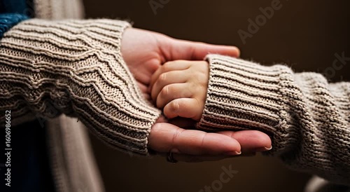 A close-up of two hands, a grown woman's and a child's, holding hands.  The hands are encased in knitted sweaters of a light beige color