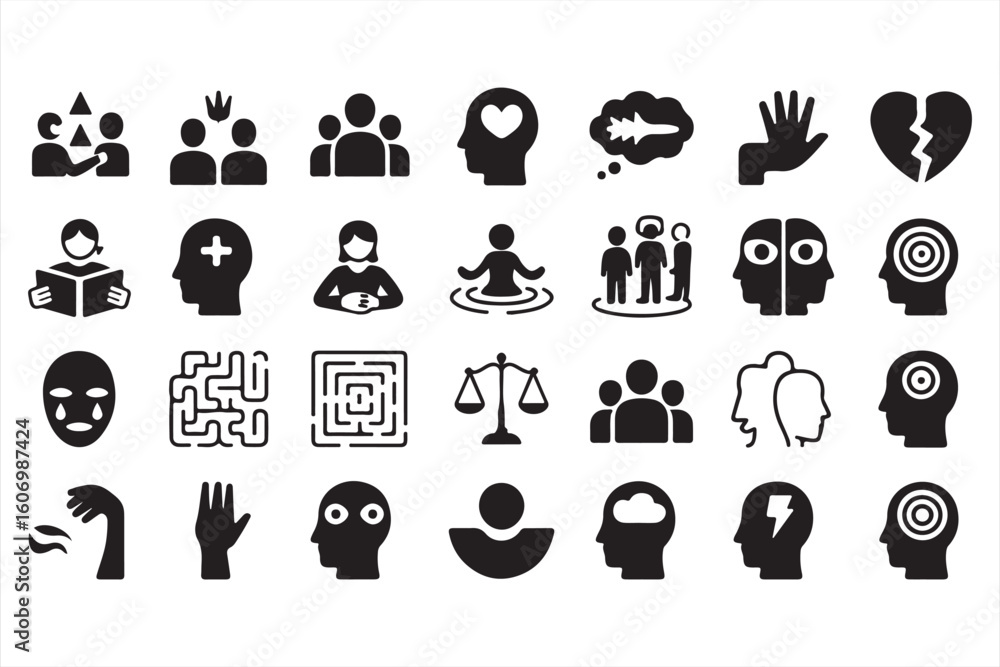 Obraz premium Black and White Icons for Mental Health, Emotional Balance, and Therapy