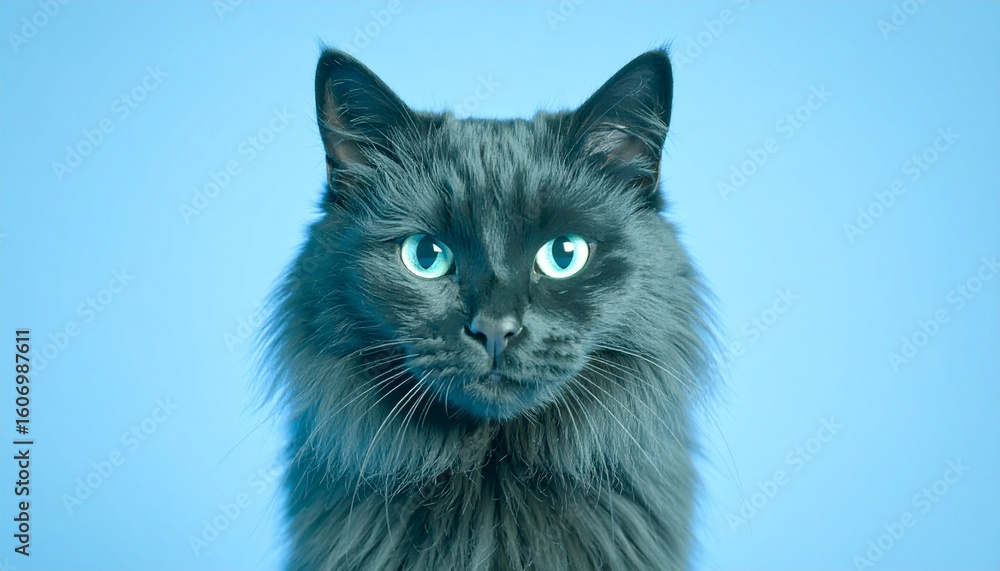 Fototapeta premium A striking grey cat against a vibrant blue backdrop.