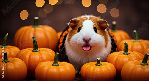 A guinea pig in an orange and black costume surrounded by pumpkins