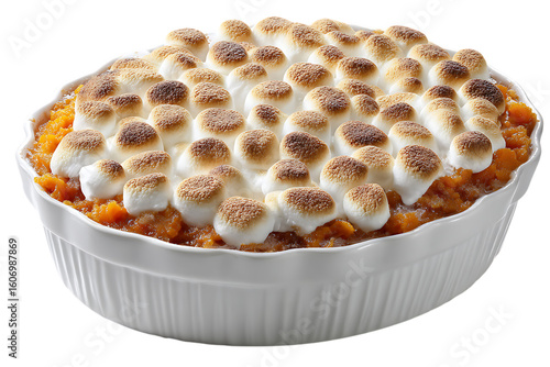 On transparent background a closeup view of a sweet potato casserole topped with toasted marshmallows in a