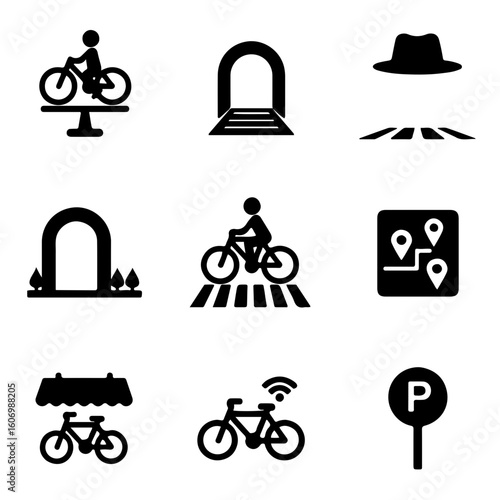 City Bike Icons. Solid vector icons of city bike infrastructure: rental bike dock, dedicated bike lane, helmet icon, cyclist 