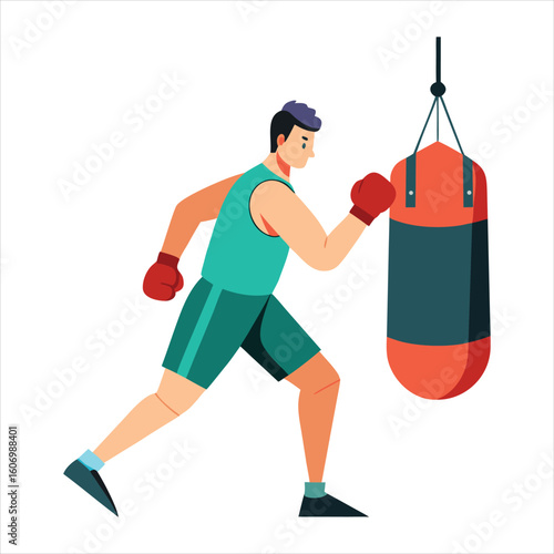 Male boxer in red gloves delivers a powerful punch to an orange punching bag, showcasing his athletic training and dedication, isolated on a white background