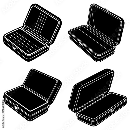 Four black and white illustrations of open and closed metal cases in various isometric views on white