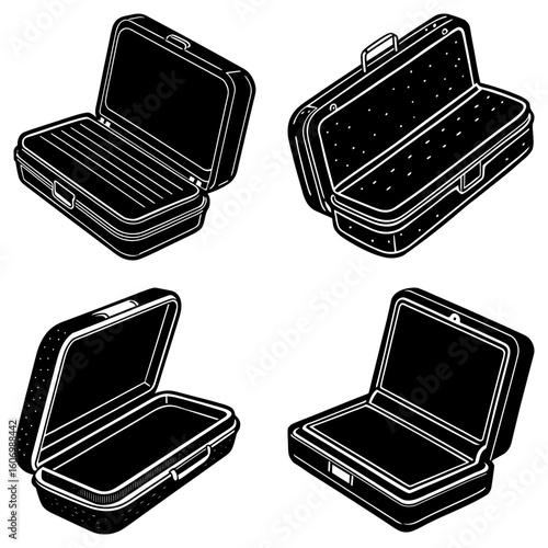Four black and white illustrations of open tackle boxes in various perspectives and orientations shown