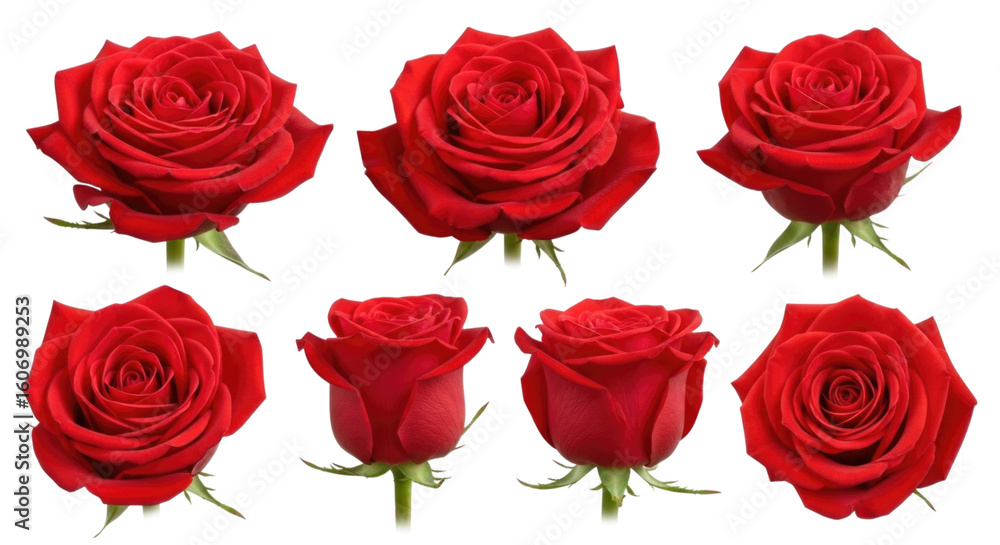 Fototapeta premium Assorted red roses in various stages of bloom with green stems, transparent background, cutout PNG