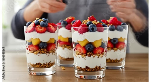 Layers of yogurt parfaits with fresh fruit and granola