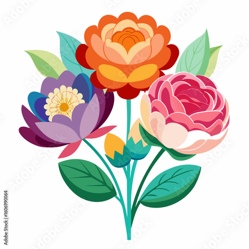 Three-Tiered Bloom Arrangement in Varied Shapes
Clean Vector Design on White Background









Ask ChatGPT
You said:
"Folk-art inspired bunch of blooms with birds and vines, colorful vector on white