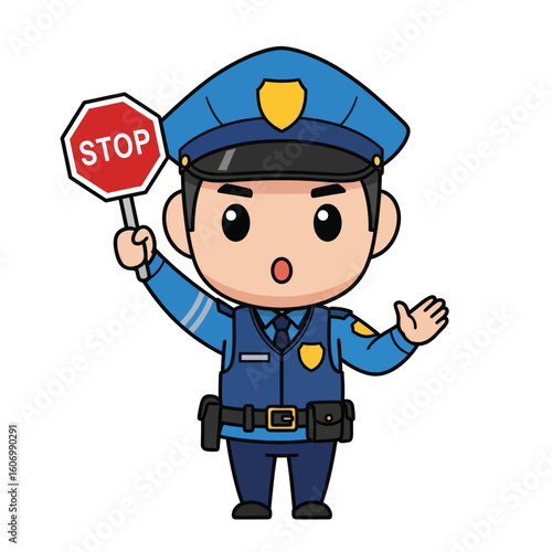 Policeman Holding a Stop Sign with a Traffic Cone Vector Illustration