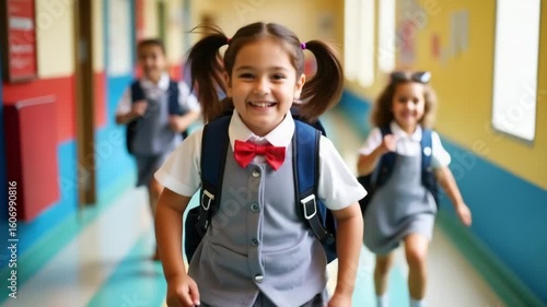Excited School Girl Running in Hallway Back to School Moments