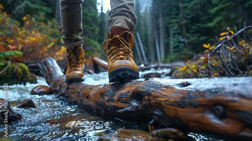 A person wearing hiking boots crossing a stream on a fallen log in a forest environment scene view