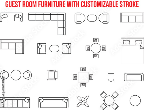 Guest room furniture icon set, interior design, living room design, schematic top view, customizable stroke, vector, illustration