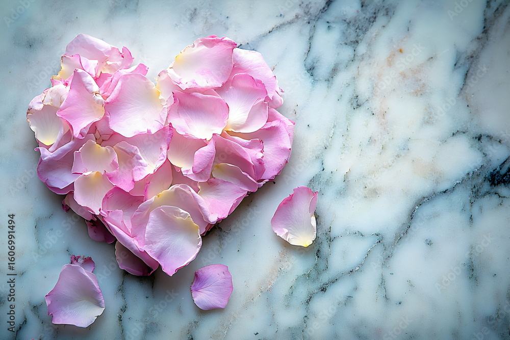 Obraz premium Heart shape made of pink rose petals on a marble surface designed for romantic events or decoration ideas