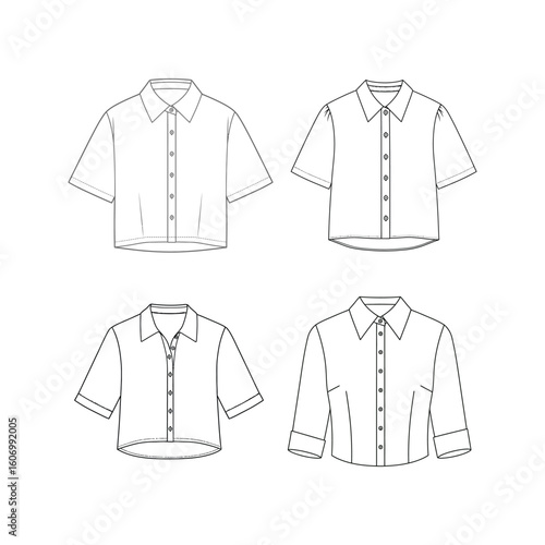 Four Womens Short and Long Sleeve ButtonDown Shirt Technical Fashion Flats