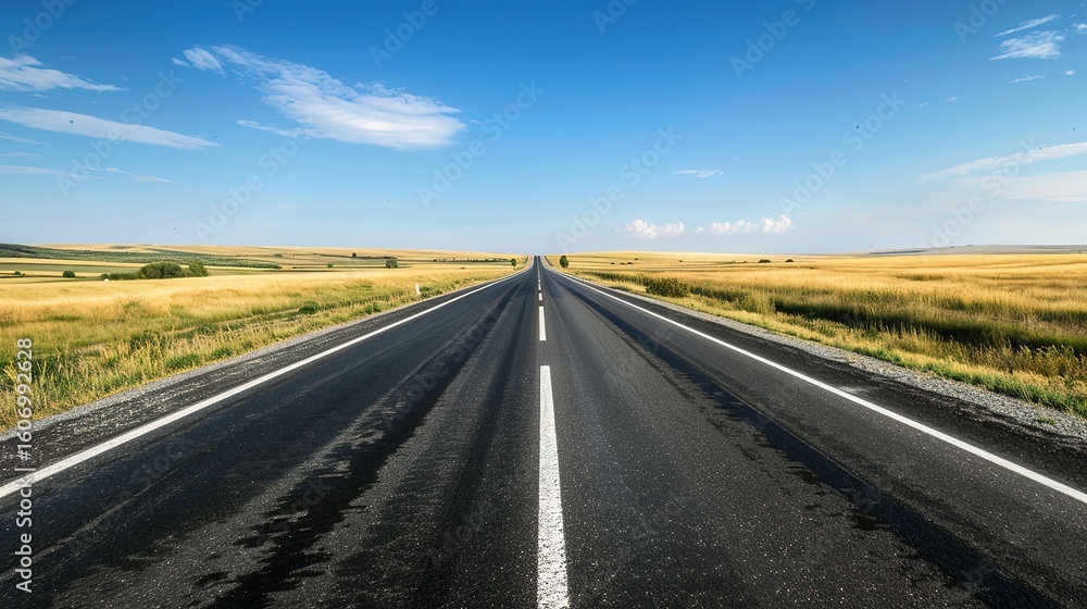 Naklejka premium Endless Horizon: Crisp A straight asphalt road Imagery – Smooth, Jet-Black Pavement Stretching to the Distance, White Lane Markings, Flanking Greenery Edges, and Sunlight Glinting Off the Surface in