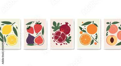 Collection of abstract fruit contemporary art print. Modern poster with hand drawn lemon, strawberry, fig, garnet, peach and orange.