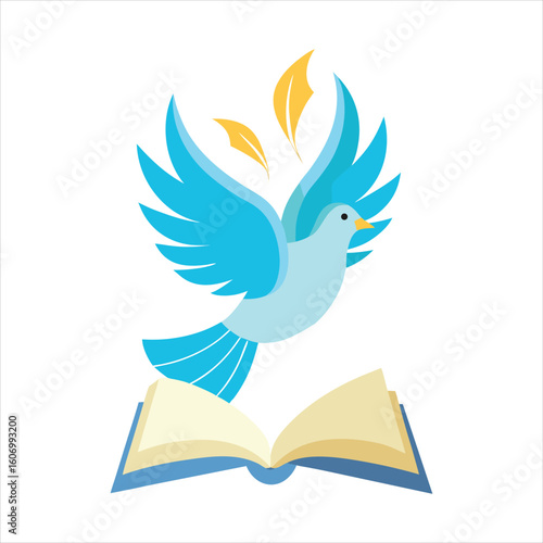 Serene blue dove with outstretched wings emerges from an open book, symbolizing peace, knowledge, and spiritual enlightenment