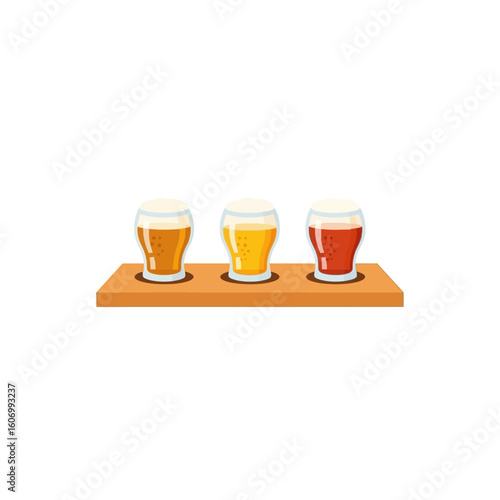 Three distinct beer glasses on a wooden flight paddle showcasing different beer colors with foamy heads vector illustration.