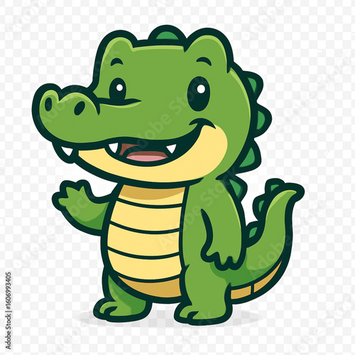 A playful, green cartoon alligator with a wide smile and sharp teeth, standing on its hind legs, isolated on a clean background.