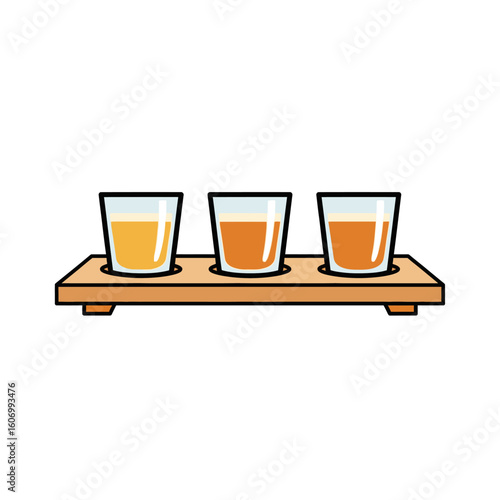 Wooden Tasting Tray with Three Small Glasses of Amber and Gold Liquids.