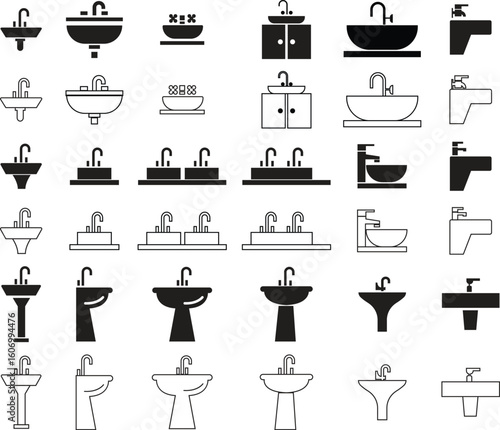 Sink icons set in flat and line vector styles. Wash basin collection, bathroom plumbing group, kitchen faucet, water tap, drain, utility bowl, cleaning fixture, hygiene, and household symbols