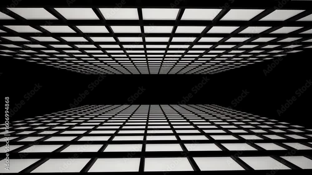 Abstract geometric 3D background with a grid of black squares forming a technological tunnel of light