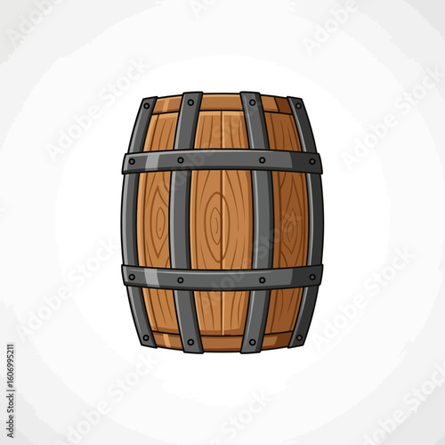 Cartoon Wooden Barrel with Metal Bands and Rivets Illustration.