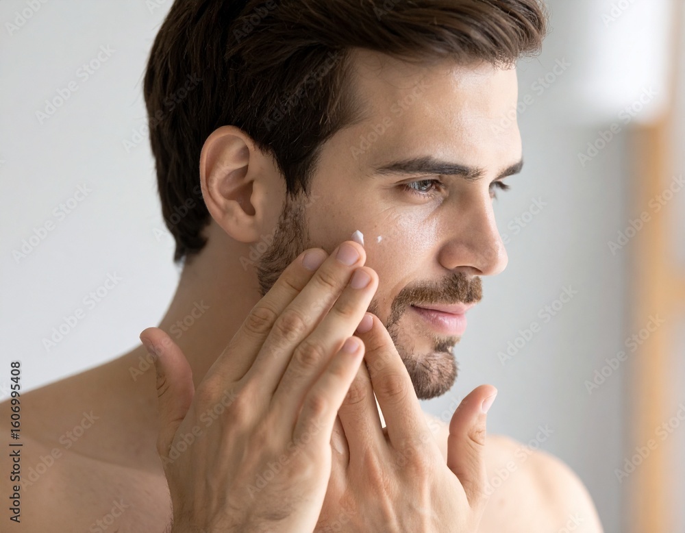 Fototapeta premium Man Applying Moisturizer in Morning Routine