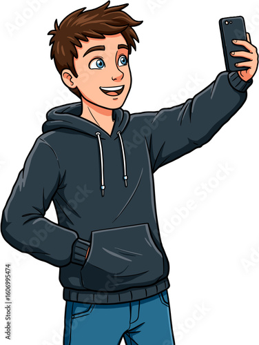 A young man taking a selfie with his phone, a modern portrait of youthful self-expression.