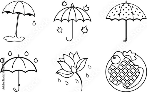 umbrella, lotus, rainfall, autumn, monsoon, outline, icon, vector, drawing, leaf, maple, flower, clipart, sketch, weather, cloud, drop, seasonal, minimalist, doodle, design, storm, bloom, blossom, nat