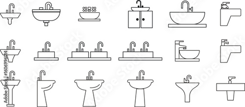 Sink icons set in line vector styles. Wash basin collection, bathroom plumbing group, kitchen faucet, water tap, drain, utility bowl, cleaning fixture, hygiene, and household symbols
