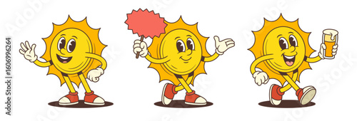 Cartoon-style sun mascot with joyful facial expressions, holding a beer glass, waving hand, and presenting sign. Perfect for summer ads, beer promos, or festive designs. Vector illustration