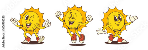 Cartoon sun mascot in energetic poses jumping, winking, and giving thumbs-up. Perfect for kids content, summer graphics, apps, or fun digital projects. Vector illustration